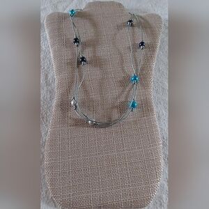 Handmade Silver, Lt. Blue & Peacock Pearl And Metallic Grey Leather Necklace